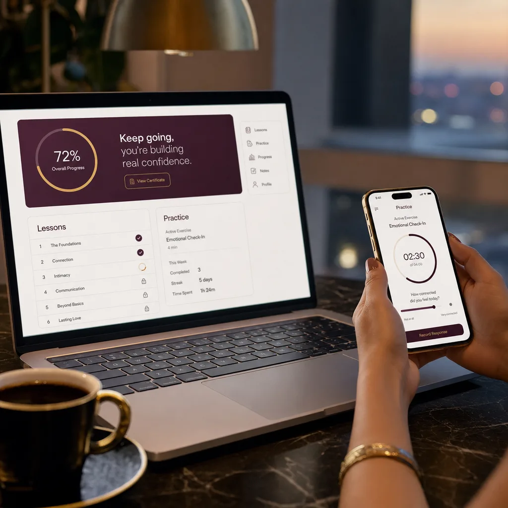 Inside the program: course dashboard with modules, lessons and reference guides
